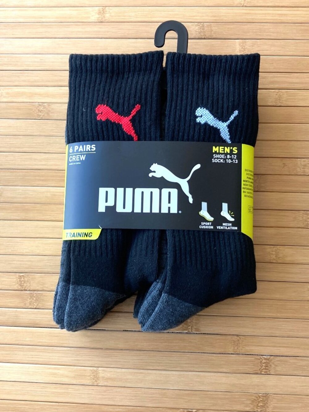 Puma Mens Cushioned Crew Athletic Socks 6 Pair Size 10-13 Black NWT